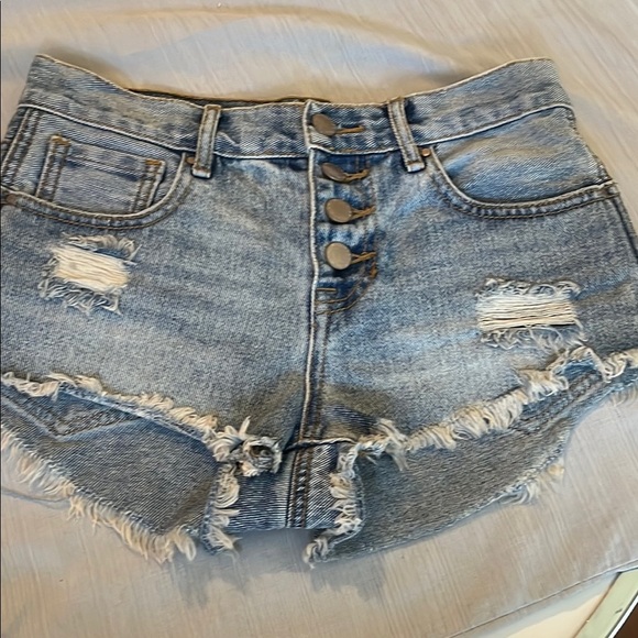 Bullhead Blue Distressed Jean Shorts with Frayed Hem - Picture 1 of 9